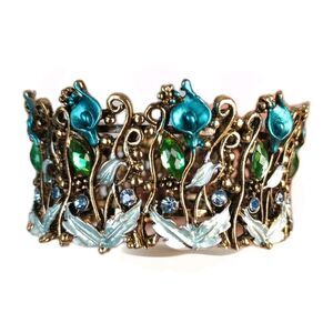 VTG‎ 1970 Blue Calla Lily Enamel Rhinestone's Brass Tone Clamps Bracelet 6 1/4"